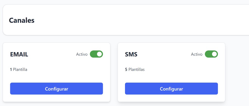 Pantalla de canales EMAIL, SMS y WhatsApp en el Portal de Cobros